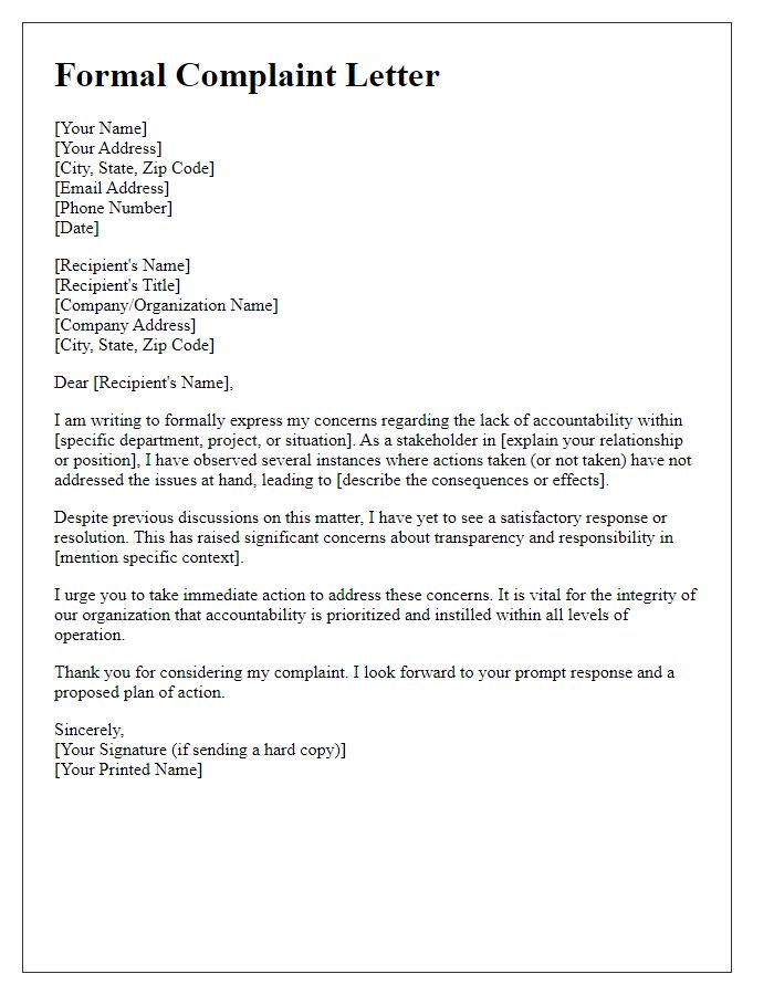 Letter template of formal complaint about lack of accountability