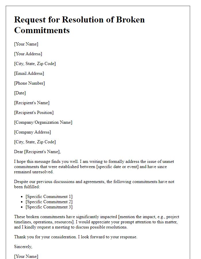 Letter template of request for resolution of broken commitments