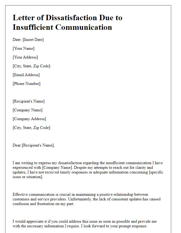 Letter template of dissatisfaction due to insufficient communication