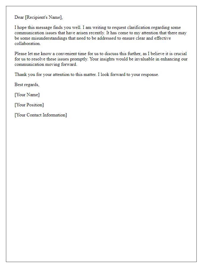 Letter template of request for clarification about communication issues