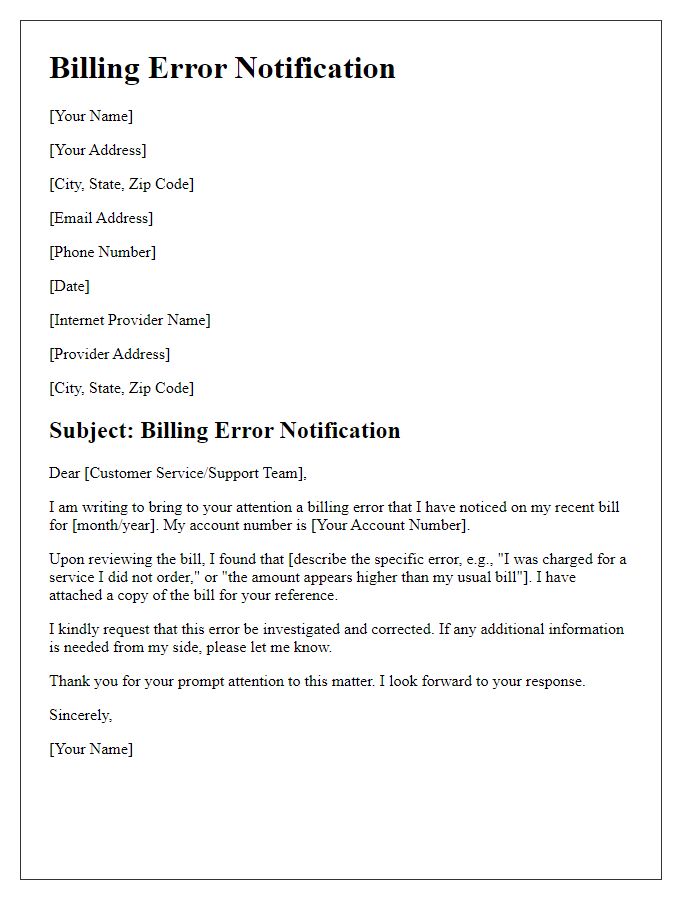 Letter template of billing error notification for internet provider.