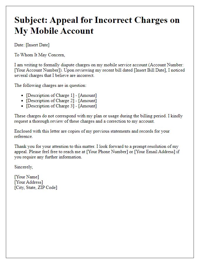 Letter template of incorrect charges appeal for mobile service.