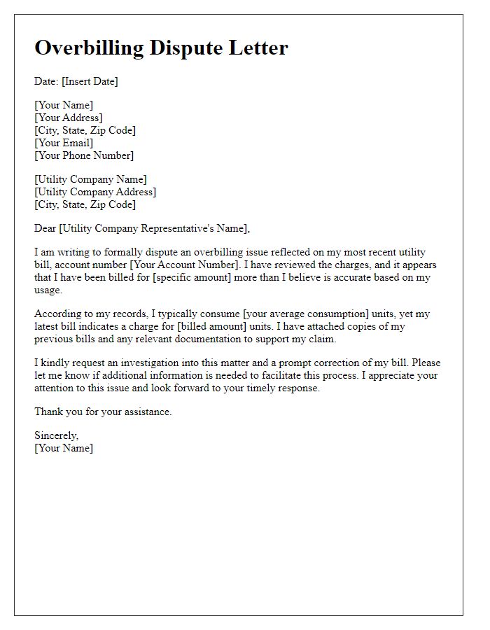 Letter template of overbilling dispute for utility company.