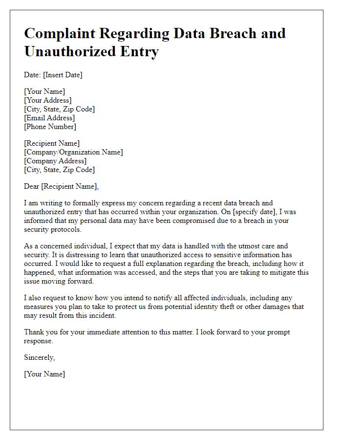 Letter template of complaint about data breach and unauthorized entry