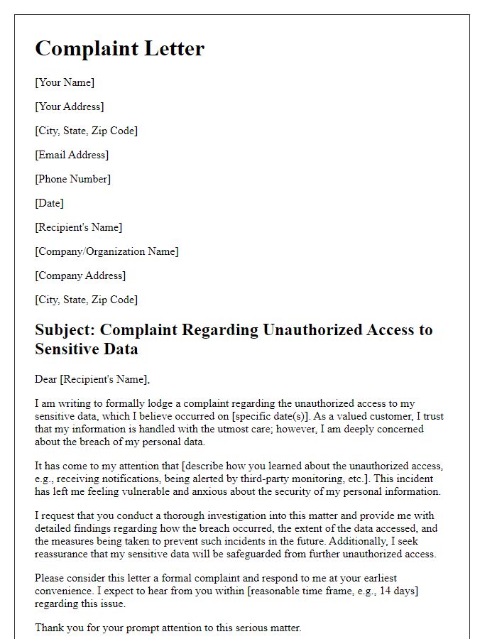 Letter template of complaint about unauthorized access to sensitive data