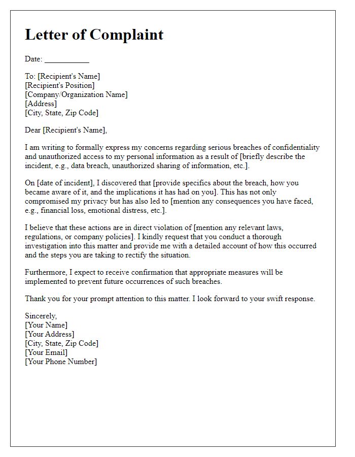 Letter template of complaint concerning breaches of confidentiality and unauthorized access