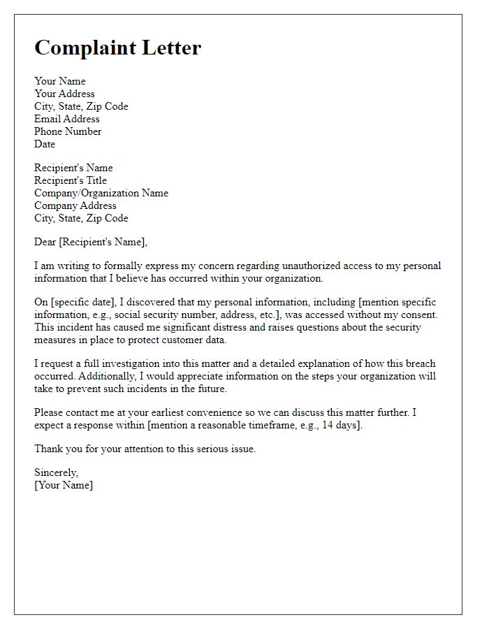 Letter template of complaint concerning unauthorized access to personal information