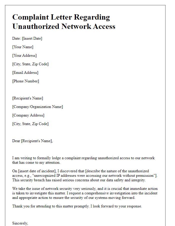 Letter template of complaint over unauthorized network access