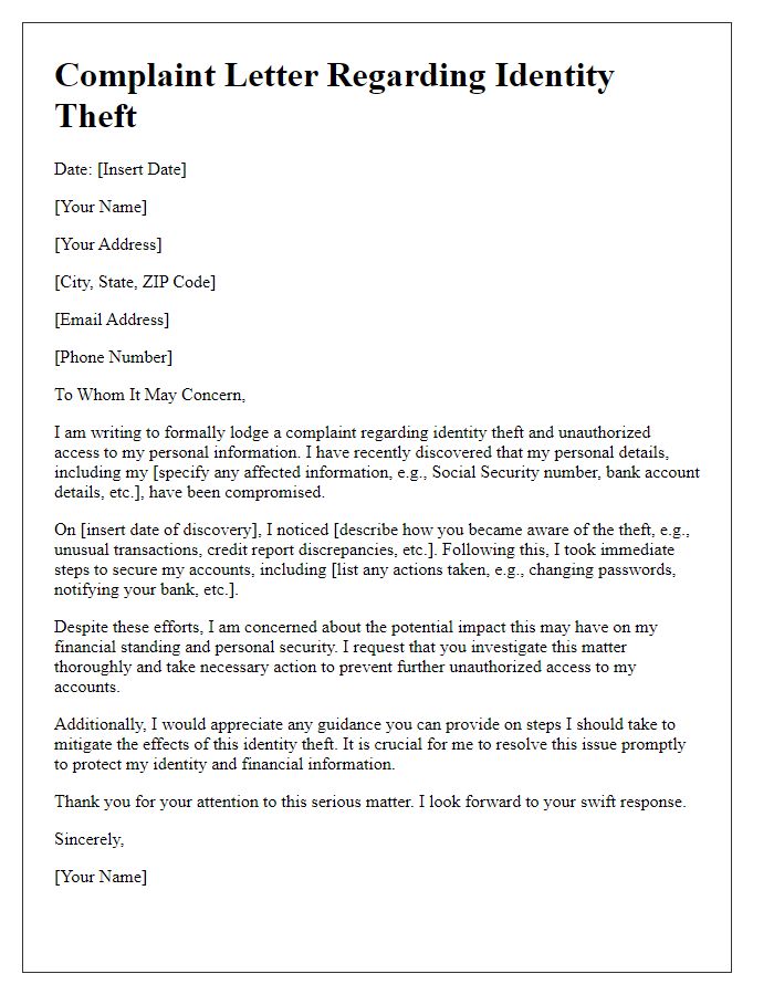 Letter template of complaint regarding identity theft and unauthorized access