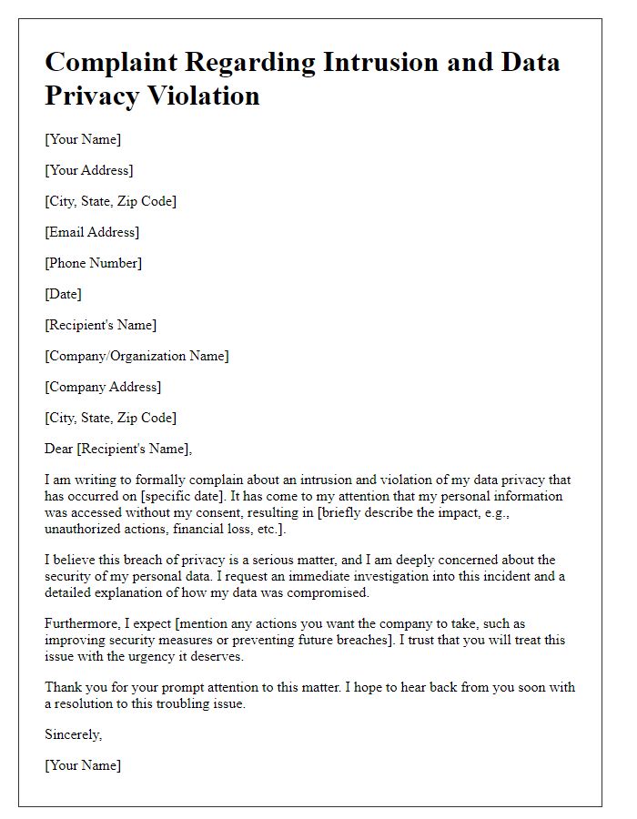 Letter template of complaint regarding intrusion and data privacy violation