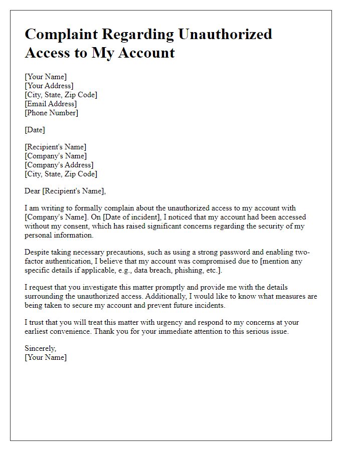 Letter template of complaint regarding unauthorized access to my account