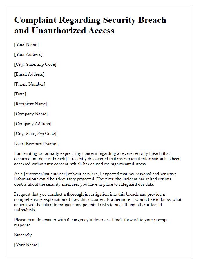 Letter template of complaint related to security breach and access without consent