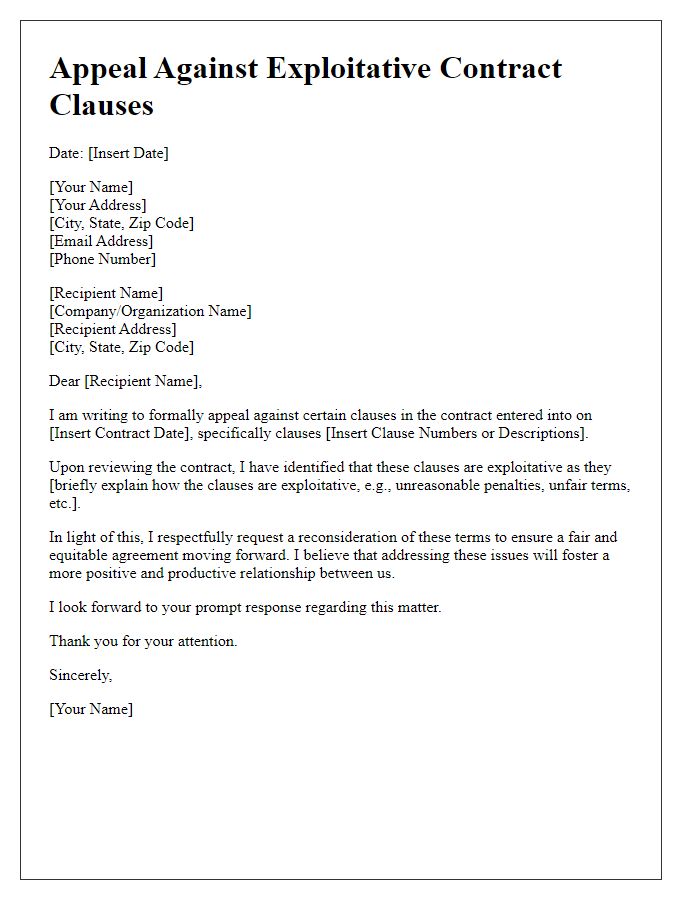 Letter template of appeal against exploitative contract clauses.