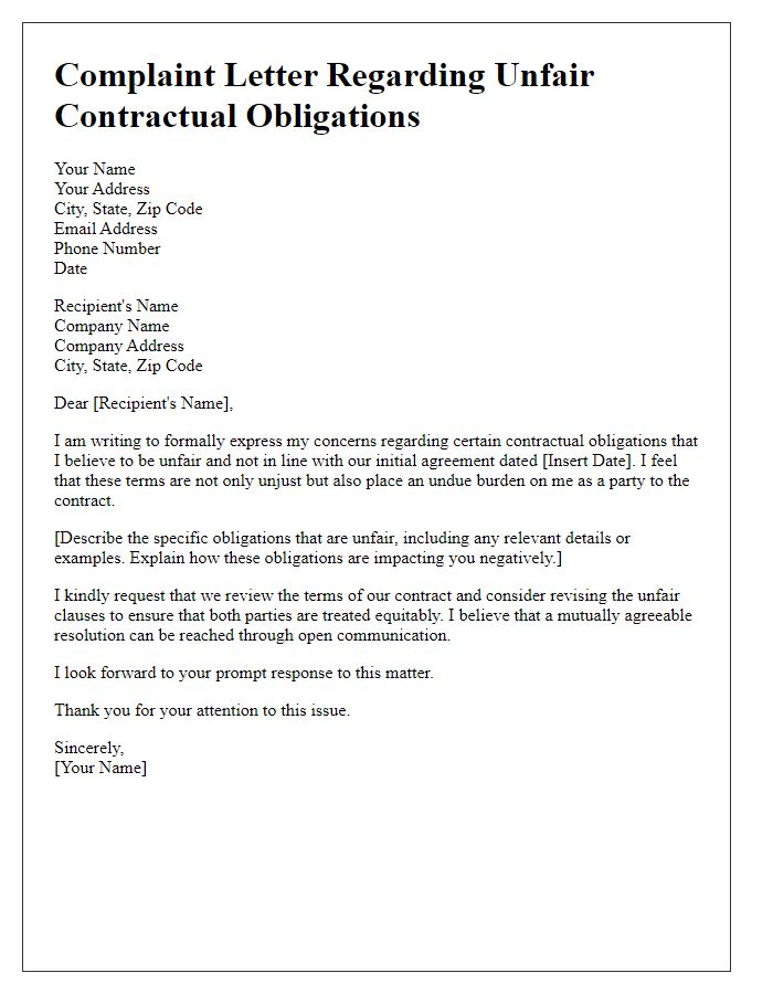 Letter template of complaint regarding unfair contractual obligations.