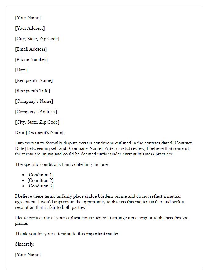 Letter template of dispute over unjust contract conditions.