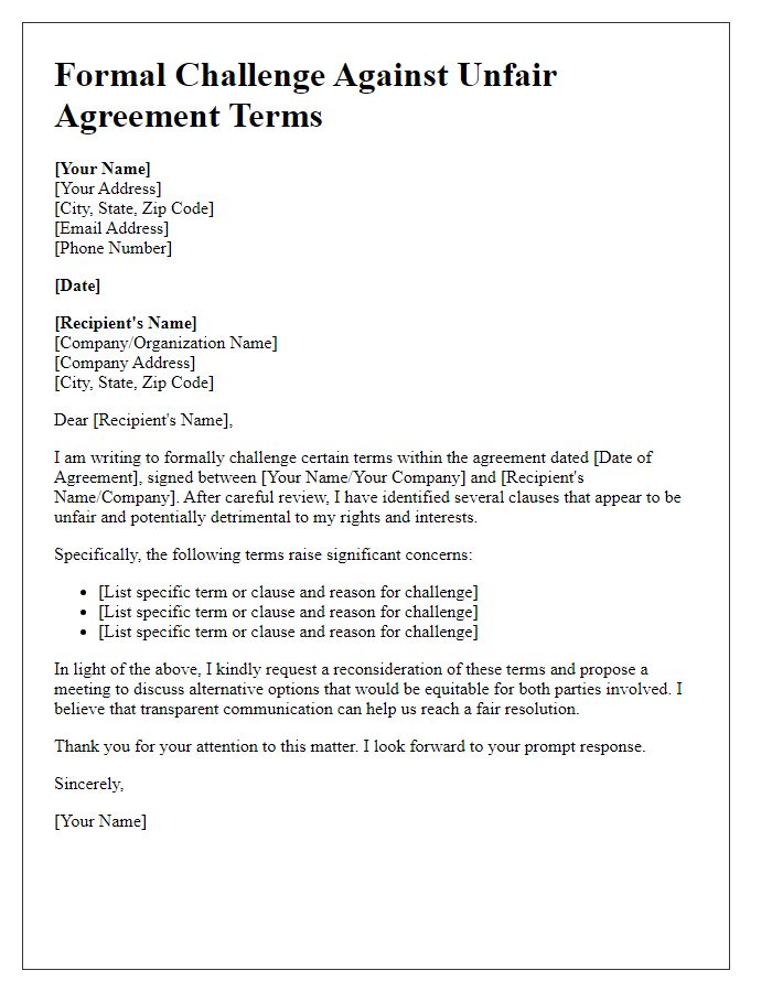 Letter template of formal challenge against unfair agreement terms.