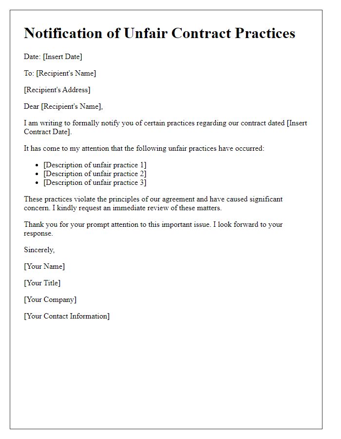 Letter template of notification about unfair contract practices.