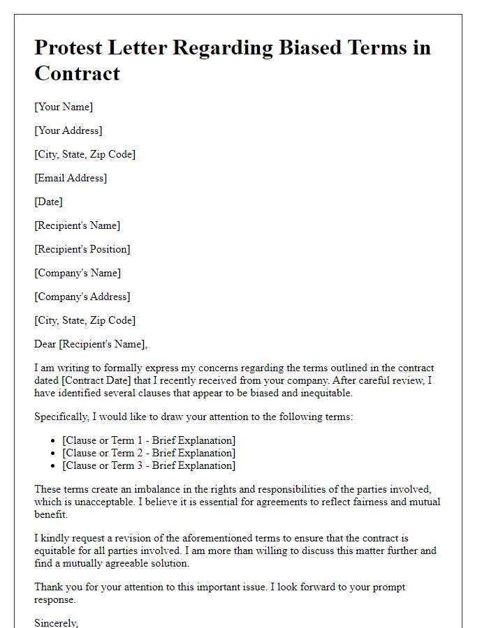 Letter template of protest regarding biased terms in a contract.