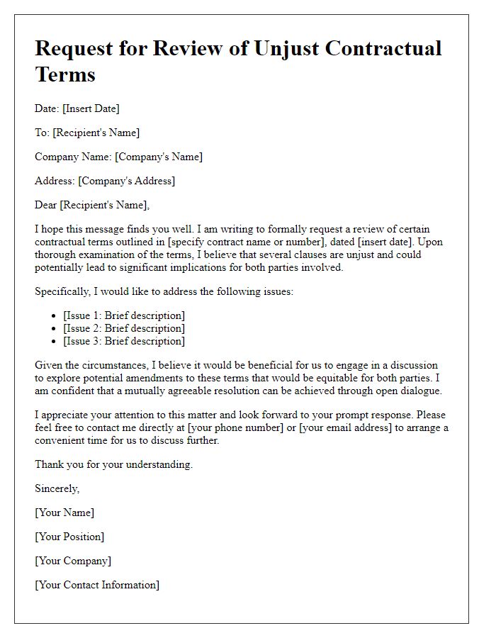 Letter template of request for review of unjust contractual terms.