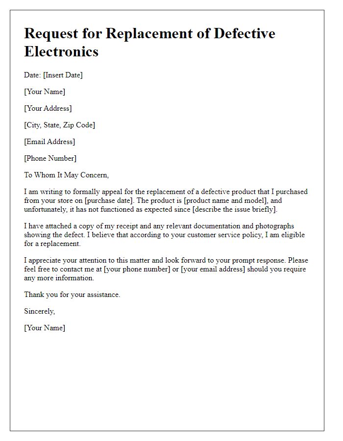 Letter template of appeal for replacement of defective electronics