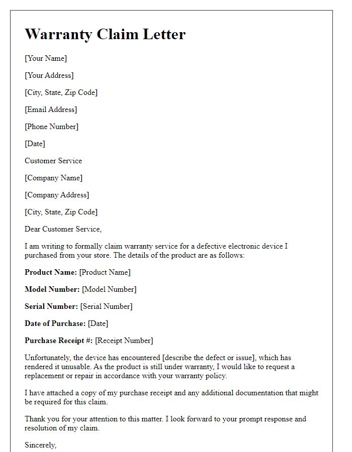 Letter template of claim for warranty service on defective electronics