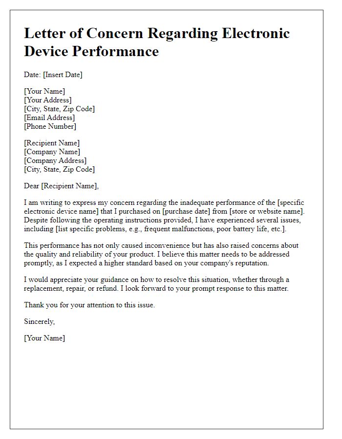 Letter template of concern over inadequate performance of electronic device