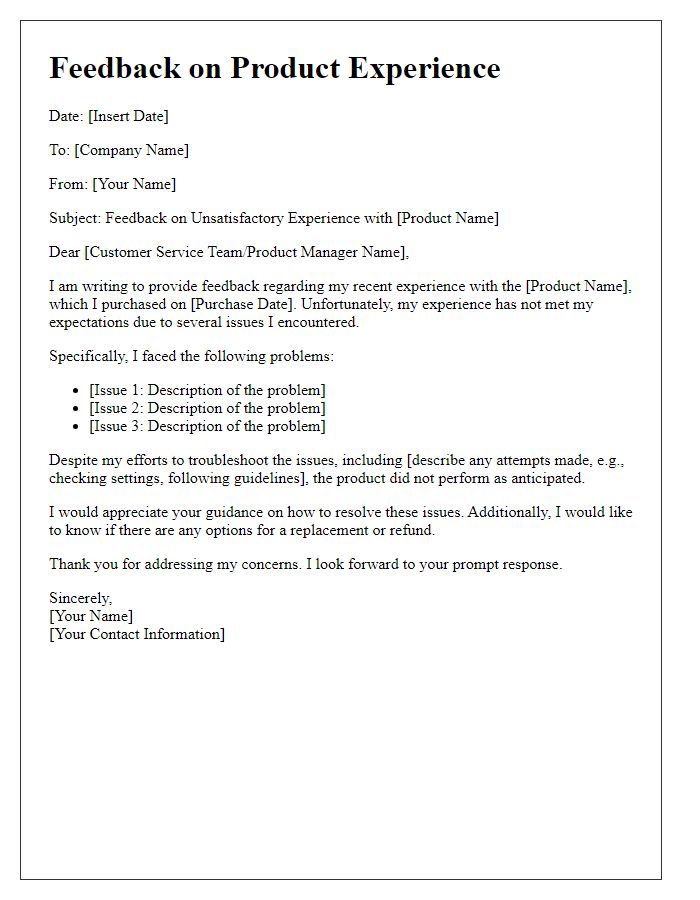 Letter template of feedback on unsatisfactory electronic product experience