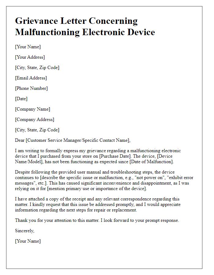 Letter template of grievance concerning malfunctioning electronic device