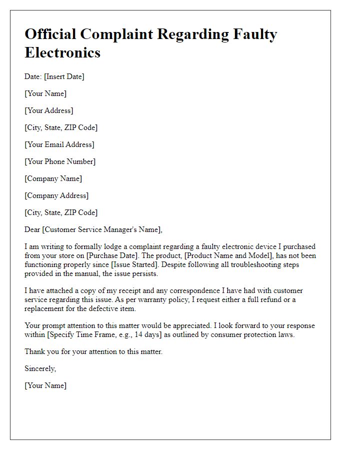 Letter template of official complaint regarding faulty electronics