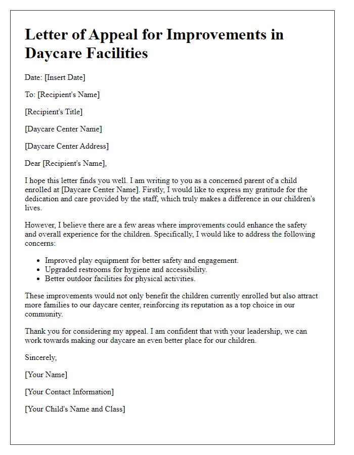 Letter template of appeal for improvements in daycare facilities.