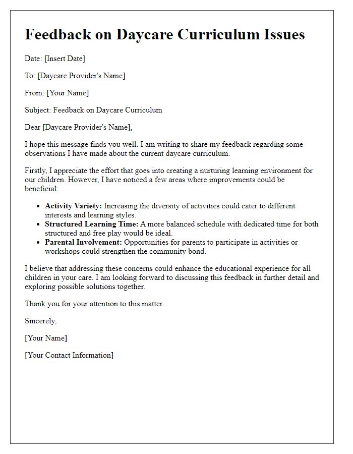 Letter template of feedback on daycare curriculum issues.