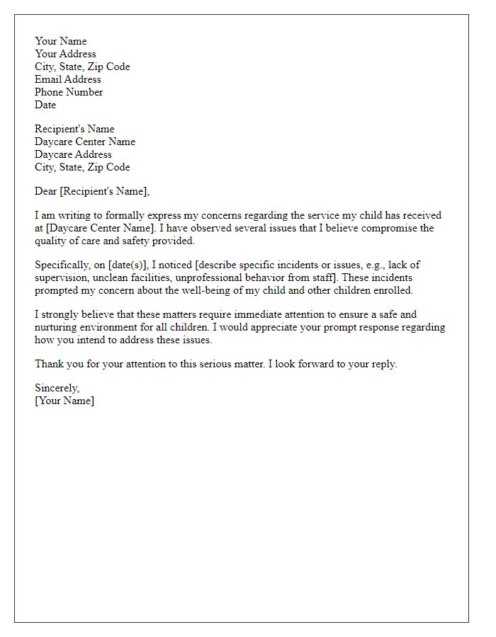 Letter template of formal complaint regarding daycare service.