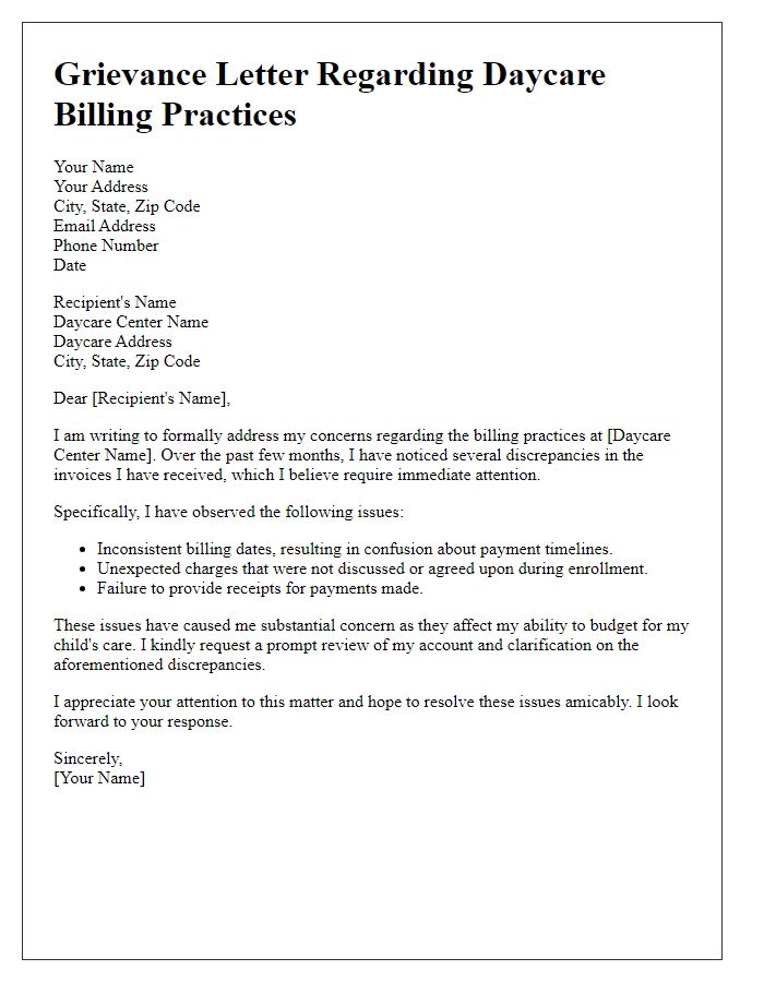 Letter template of grievances related to daycare billing practices.