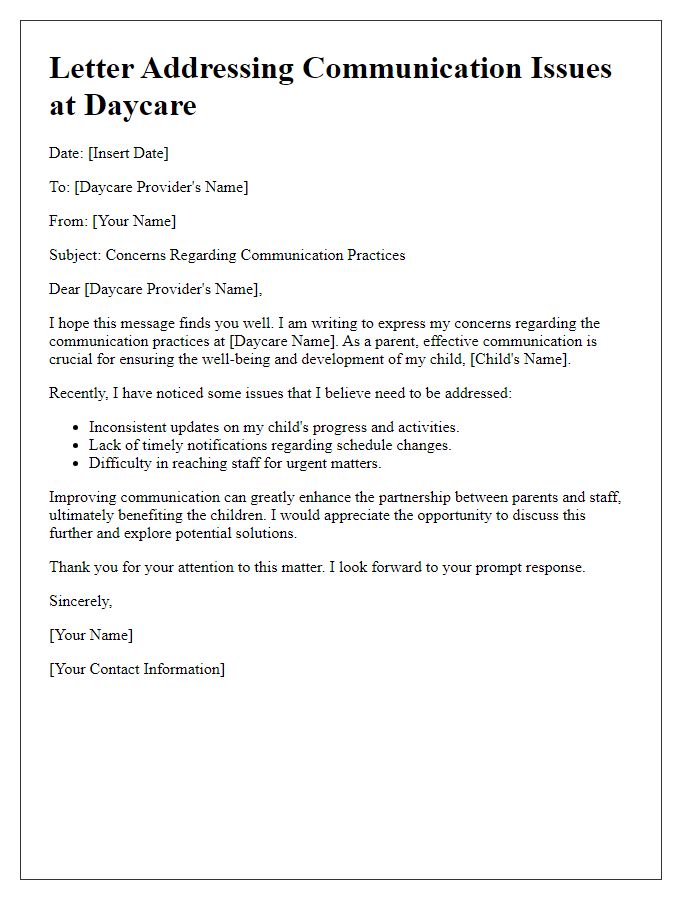 Letter template of issues with daycare communication practices.