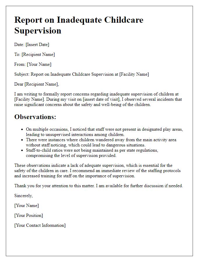 Letter template of report on inadequate childcare supervision.