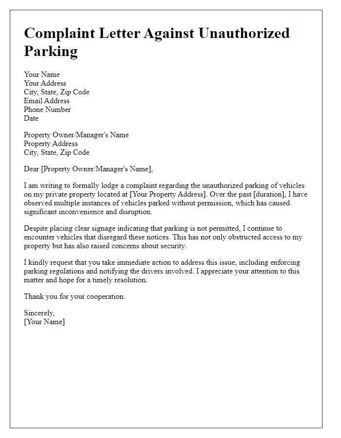 Letter template of complaint against unauthorized parking on private property.