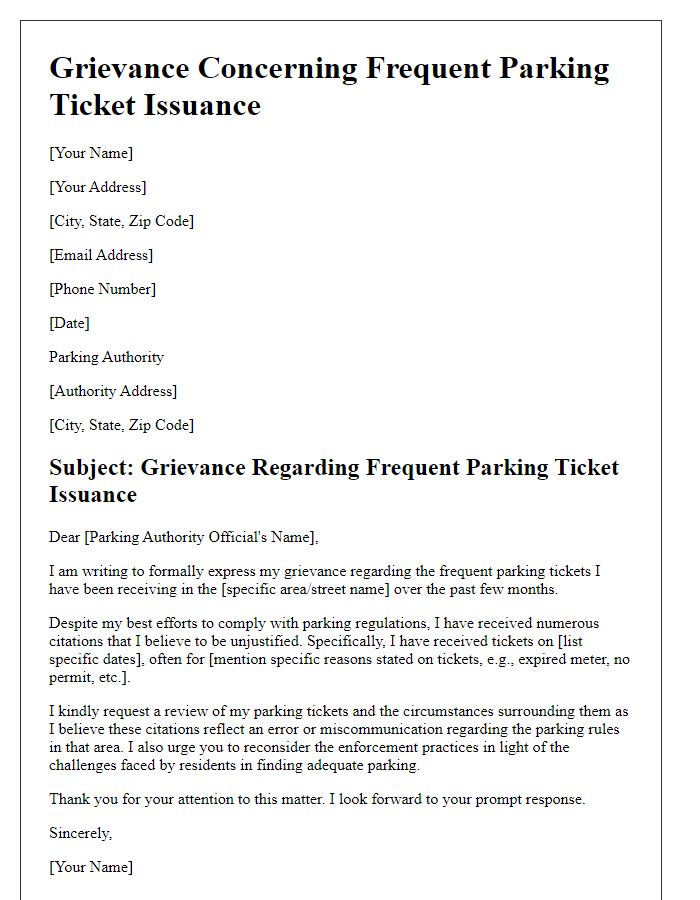 Letter template of grievance concerning frequent parking ticket issuance.