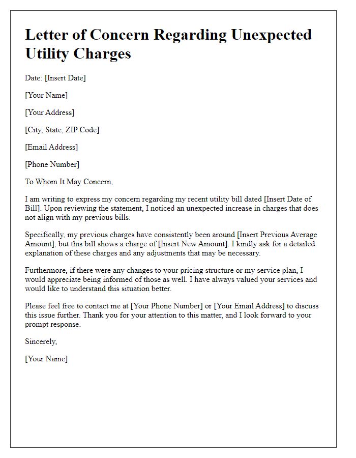 Letter template of concern about unexpected utility charges