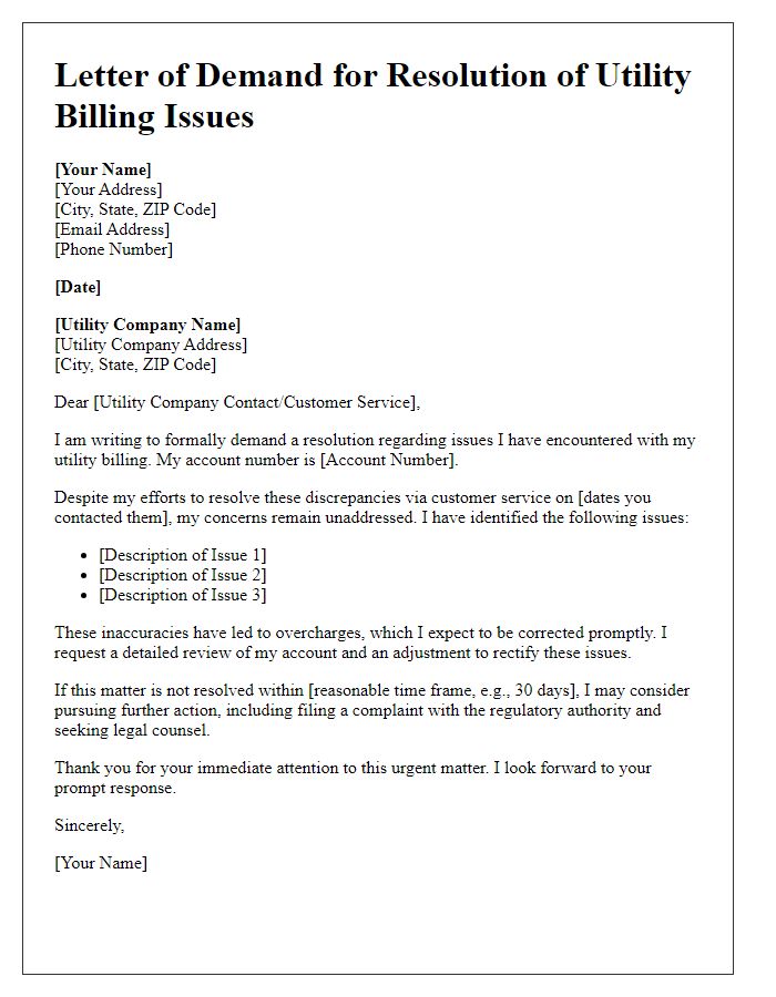 Letter template of demand for resolution of utility billing issues