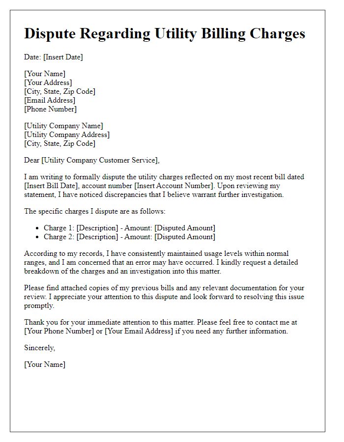 Letter template of dispute regarding utility billing charges