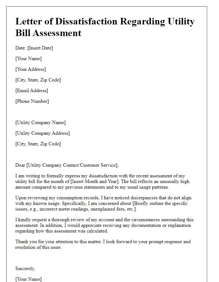 Letter template of dissatisfaction with utility bill assessment