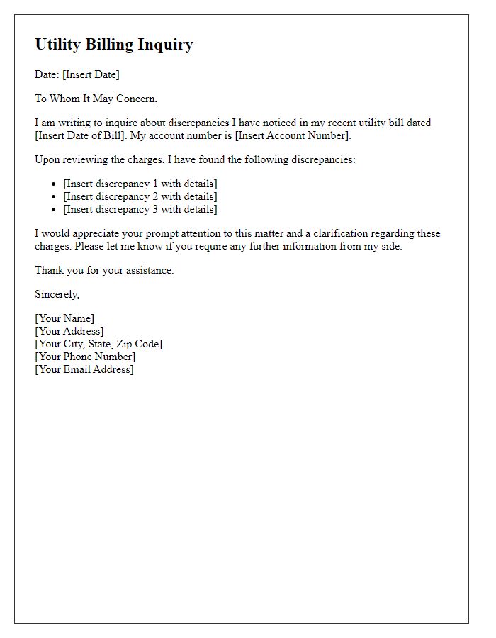 Letter template of inquiry on utility billing discrepancies