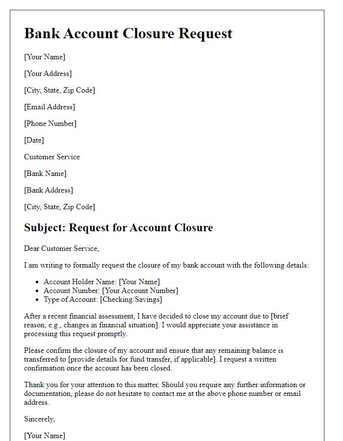 Letter template of bank account closure after a financial assessment.