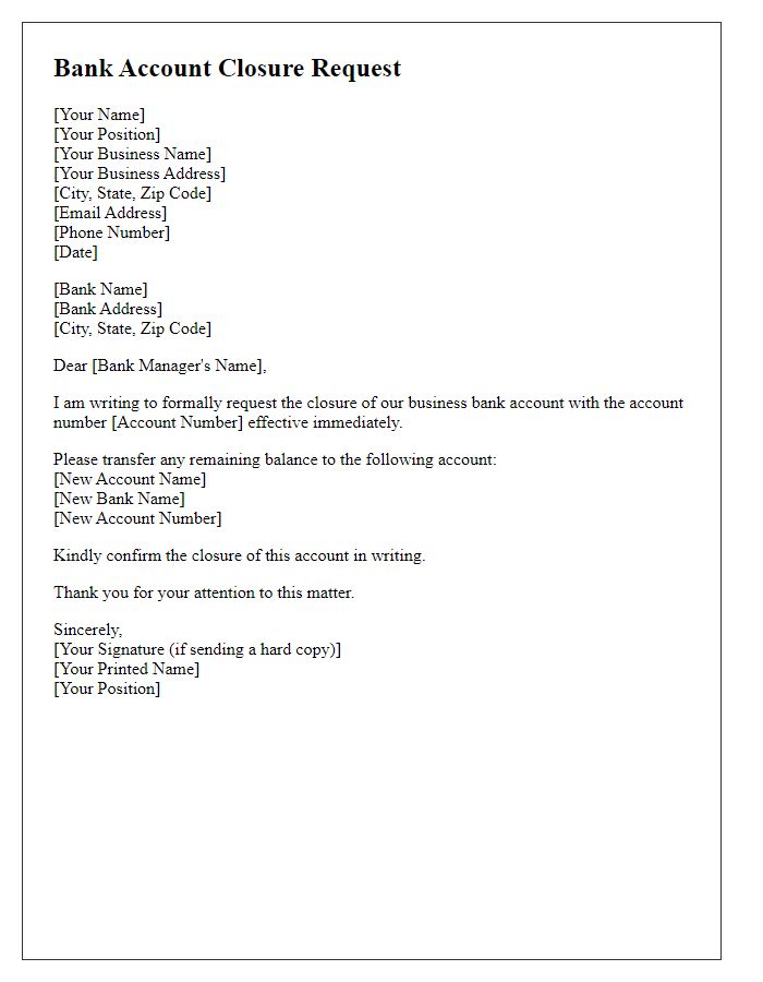 Letter template of bank account closure for business account.