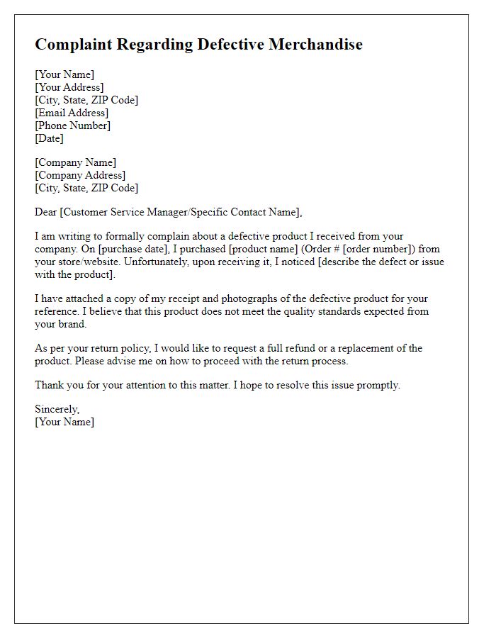 Letter template of complaint regarding defective merchandise return.