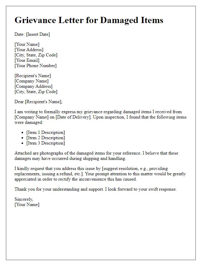 Letter template of grievance concerning damaged items.