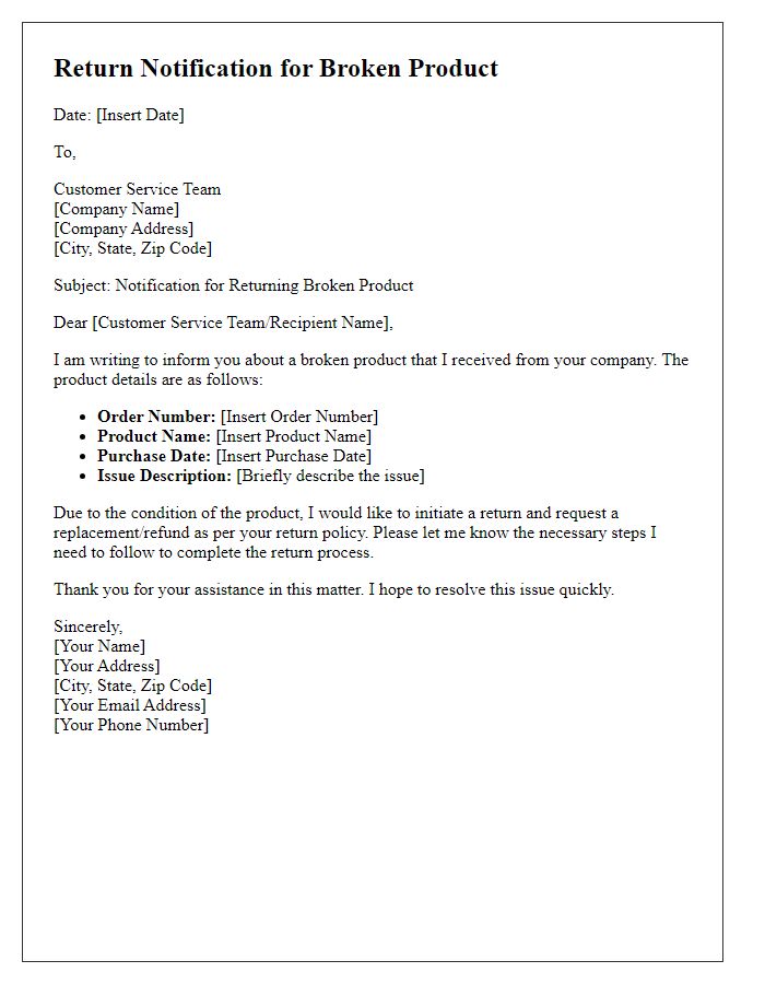 Letter template of notification for returning broken products.