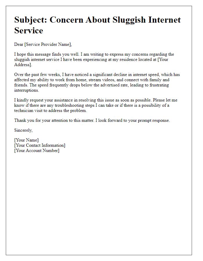 Letter template of concerns about sluggish internet service.