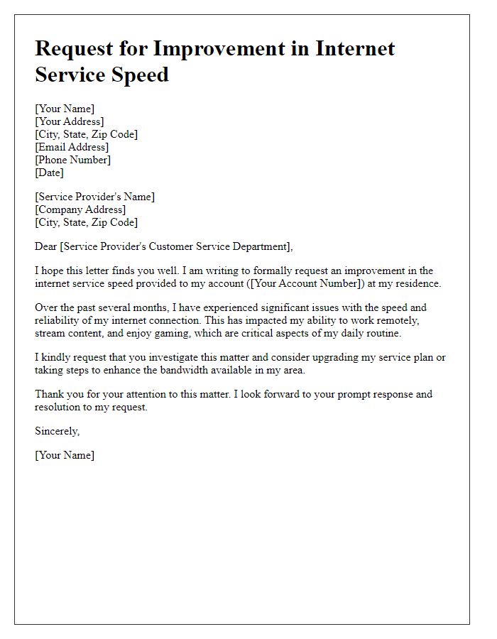 Letter template of request for improvement in internet service speed.