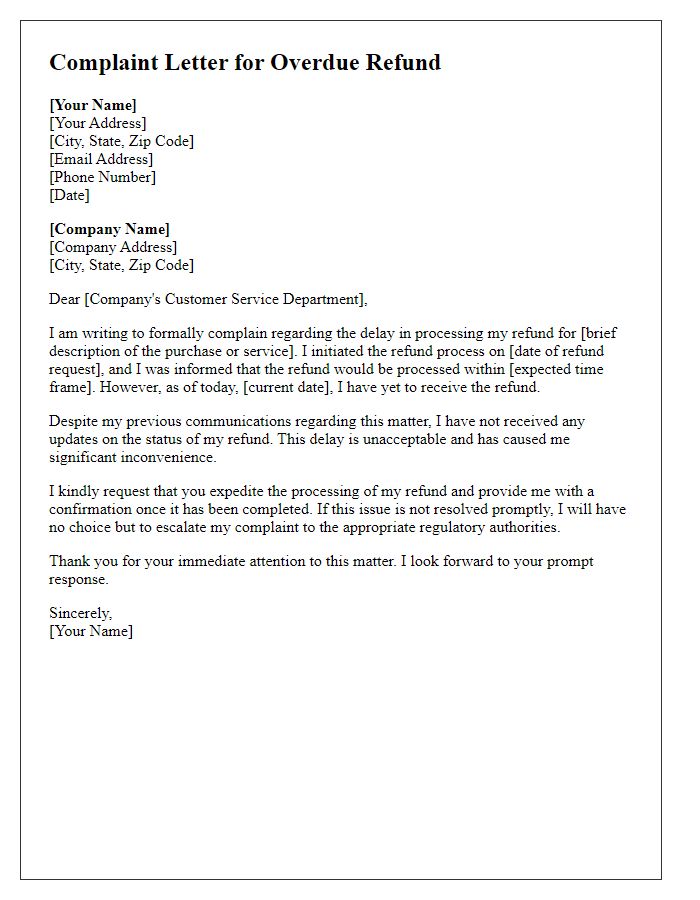 Letter template of complaint for overdue refund processing.